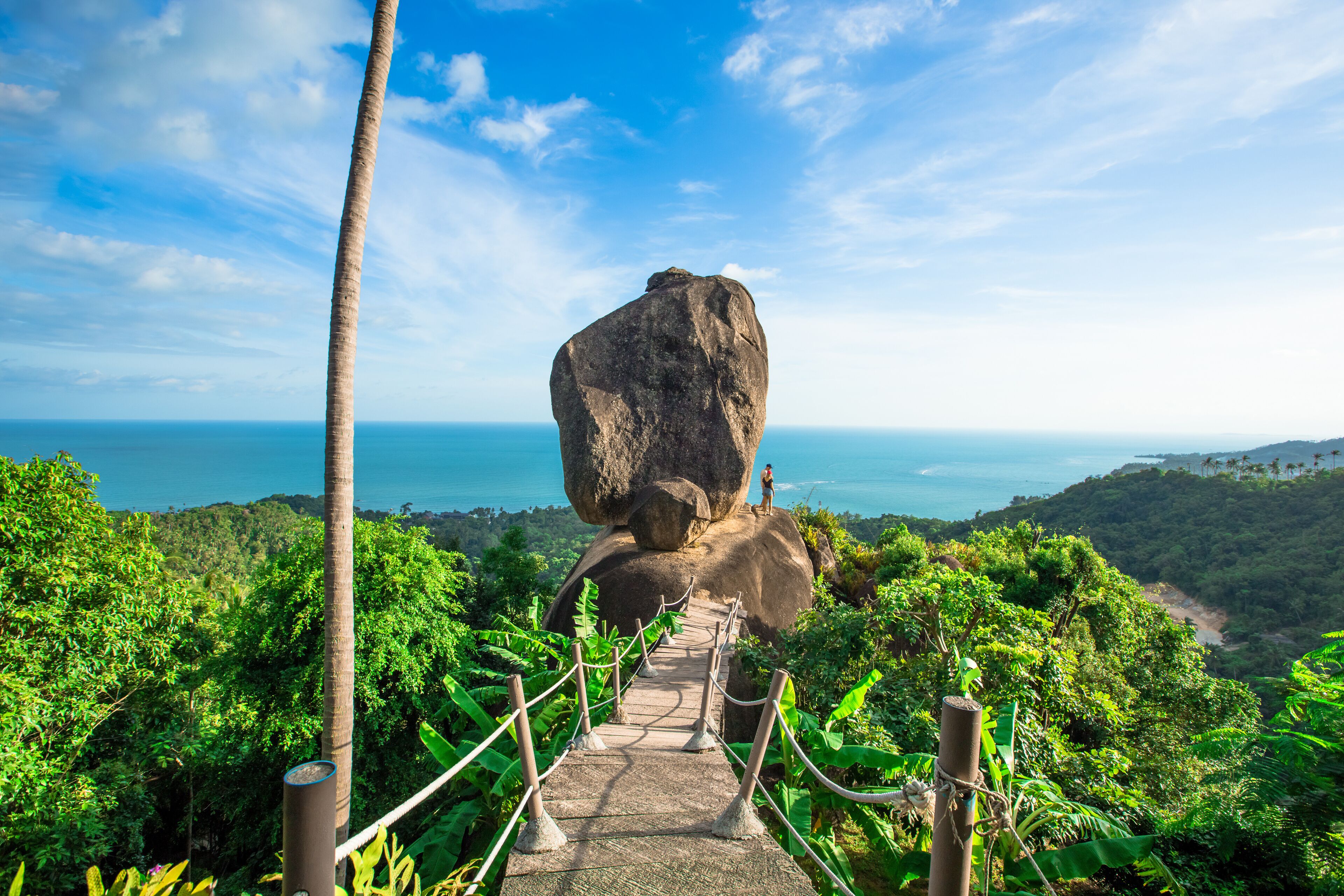 A pathway leading to a large rock formation with a view of the ocean and lush greenery.